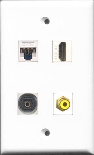 RiteAV 1 Port HDMI and 1 Port RCA Yellow and 1 Port Toslink and 1 Port Cat5e Ethernet White Wall Plate