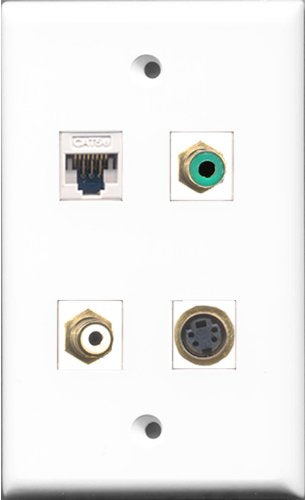 RiteAV 1 Port RCA White and 1 Port RCA Green and 1 Port S-Video and 1 Port Cat5e Ethernet White Wall Plate