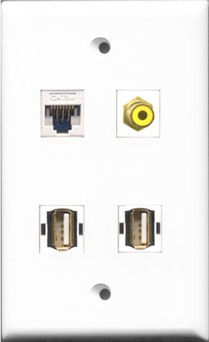 RiteAV 1 Port RCA Yellow 2 Port USB A-A and 1 Port Cat5e Ethernet White Wall Plate