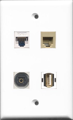 RiteAV 1 Port USB A-A and 1 Port Phone RJ11 RJ12 Beige and 1 Port Toslink and 1 Port Cat5e Ethernet White Wall Plate
