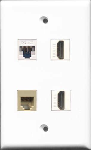 RiteAV - 2 Port HDMI and 1 Port Phone RJ11 RJ12 Beige and 1 Port Cat5e Ethernet White Wall Plate