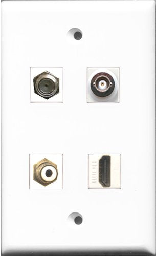 RiteAV 1 Port HDMI and 1 Port RCA White and 1 Port Coax Cable TV- F-Type and 1 Port BNC Wall Plate