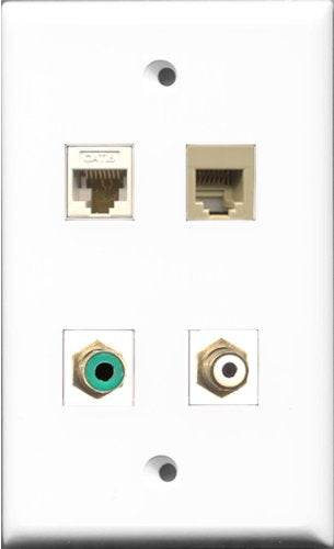 RiteAV 1 Port RCA White and 1 Port RCA Green and 1 Port Phone RJ11 RJ12 Beige and 1 Port Cat6 Ethernet White Wall Plate
