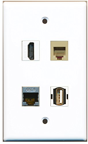 RiteAV - 1 Port HDMI 1 Port USB A-A 1 Port Phone RJ11 RJ12 Beige 1 Port Shielded Cat6 Ethernet Wall Plate