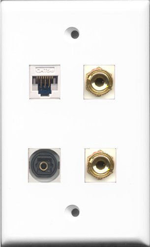 RiteAV - 1 Port Toslink and 1 Port Cat5e Ethernet White 2 Port Banana Speaker Wall Plate