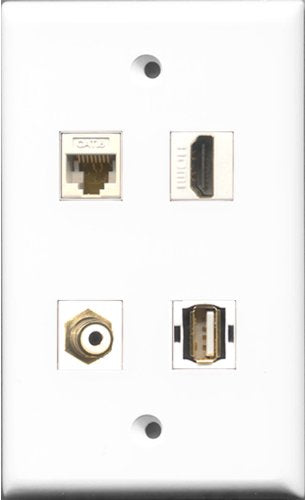 RiteAV 1 Port HDMI and 1 Port RCA White and 1 Port USB A-A and 1 Port Cat6 Ethernet White Wall Plate