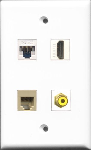 RiteAV - 1 Port HDMI and 1 Port RCA Yellow and 1 Port Phone RJ11 RJ12 Beige and 1 Port Cat5e Ethernet White Wall Plate