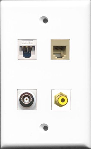 RiteAV 1 Port RCA Yellow and 1 Port Phone RJ11 RJ12 Beige and 1 Port BNC and 1 Port Cat5e Ethernet White Wall Plate