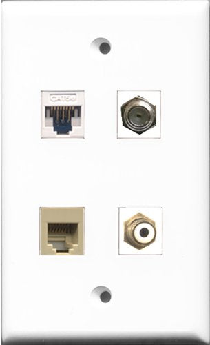 RiteAV - 1 Port RCA White and 1 Port Coax Cable TV- F-Type and 1 Port Phone RJ11 RJ12 Beige and 1 Port Cat5e Ethernet White Wall Plate