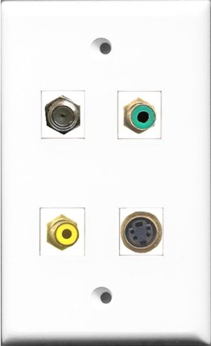 RiteAV 1 Port RCA Yellow and 1 Port RCA Green and 1 Port Coax Cable TV- F-Type and 1 Port S-Video Wall Plate