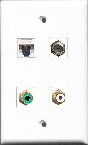 RiteAV - 1 Port RCA White and 1 Port RCA Green and 1 Port Coax Cable TV- F-Type and 1 Port Cat5e Ethernet White Wall Plate
