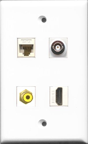 RiteAV 1 Port HDMI and 1 Port RCA Yellow and 1 Port BNC and 1 Port Cat6 Ethernet White Wall Plate