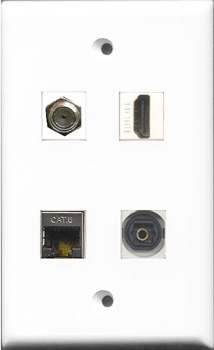 RiteAV 1 Port HDMI and 1 Port Coax Cable TV- F-Type and 1 Port Shielded Cat6 Ethernet and 1 Port Toslink Wall Plate