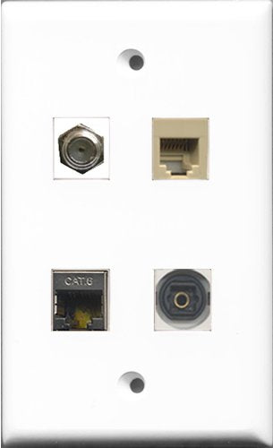 RiteAV 1 Port Coax Cable TV- F-Type and 1 Port Phone RJ11 RJ12 Beige and 1 Port Shielded Cat6 Ethernet and 1 Port Toslink Wall Plate
