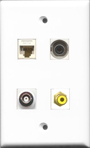 RiteAV 1 Port RCA Yellow and 1 Port 3.5mm and 1 Port BNC and 1 Port Cat6 Ethernet White Wall Plate