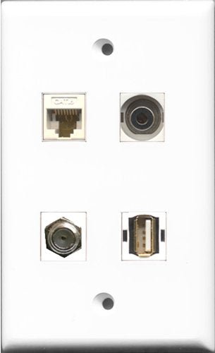 RiteAV 1 Port Coax Cable TV- F-Type and 1 Port USB A-A and 1 Port 3.5mm and 1 Port Cat6 Ethernet White Wall Plate