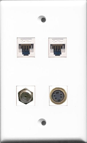 RiteAV - 1 Port Coax Cable TV- F-Type and 1 Port S-Video 2 Port Cat5e Ethernet White Wall Plate