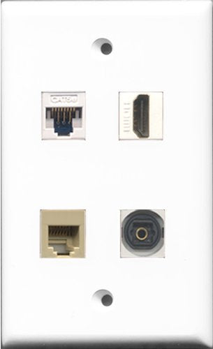 RiteAV - 1 Port HDMI and 1 Port Phone RJ11 RJ12 Beige and 1 Port Toslink and 1 Port Cat5e Ethernet White Wall Plate