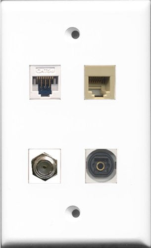 RiteAV 1 Port Coax Cable TV- F-Type and 1 Port Phone RJ11 RJ12 Beige and 1 Port Toslink and 1 Port Cat5e Ethernet White Wall Plate