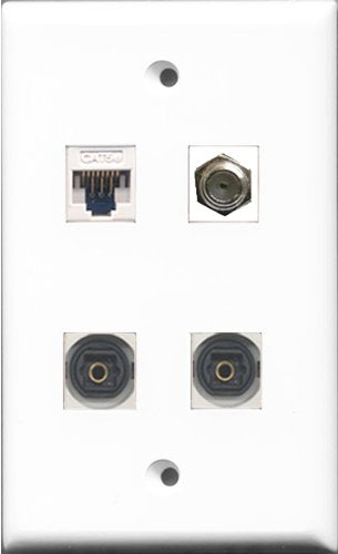 RiteAV - 1 Port Coax Cable TV- F-Type 2 Port Toslink and 1 Port Cat5e Ethernet White Wall Plate