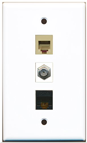 RiteAV - 1 Port Coax Cable TV- F-Type and 1 Port Phone RJ11 RJ12 Beige and 1 Port Cat6 Ethernet Black Wall Plate