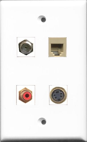 RiteAV 1 Port RCA Red and 1 Port Coax Cable TV- F-Type and 1 Port Phone RJ11 RJ12 Beige and 1 Port S-Video Wall Plate