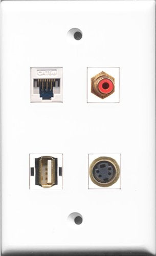 RiteAV 1 Port RCA Red and 1 Port USB A-A and 1 Port S-Video and 1 Port Cat5e Ethernet White Wall Plate