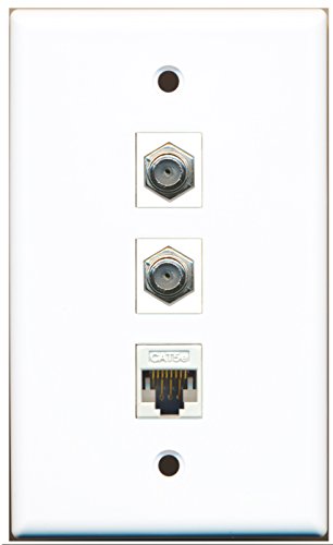 RiteAV - 2 Port Coax Cable TV- F-Type and 1 Port Cat5e Ethernet White Wall Plate