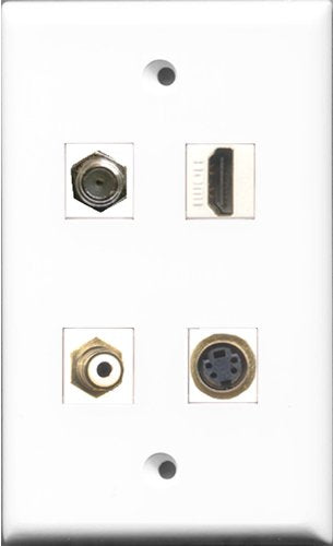 RiteAV 1 Port HDMI and 1 Port RCA White and 1 Port Coax Cable TV- F-Type and 1 Port S-Video Wall Plate