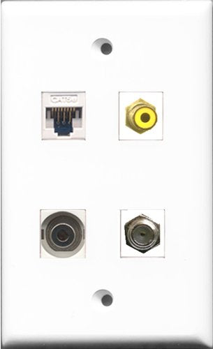 RiteAV 1 Port RCA Yellow and 1 Port Coax Cable TV- F-Type and 1 Port 3.5mm and 1 Port Cat5e Ethernet White Wall Plate