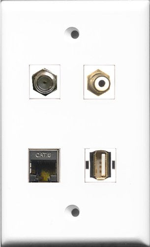RiteAV 1 Port RCA White and 1 Port Coax Cable TV- F-Type and 1 Port USB A-A and 1 Port Shielded Cat6 Ethernet Wall Plate