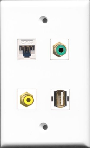 RiteAV 1 Port RCA Yellow and 1 Port RCA Green and 1 Port USB A-A and 1 Port Cat5e Ethernet White Wall Plate