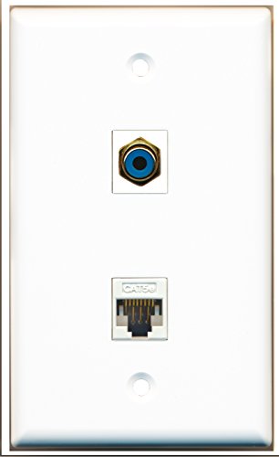 RiteAV 1 RCA Blue Subwoofer Audio 1 Cat5e White Ethernet Port Wall Plate - Bracket Included