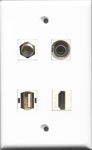 RiteAV 1 Port HDMI and 1 Port Coax Cable TV- F-Type and 1 Port USB A-A and 1 Port 3.5mm Wall Plate