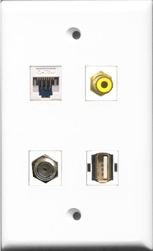 RiteAV 1 Port RCA Yellow and 1 Port Coax Cable TV- F-Type and 1 Port USB A-A and 1 Port Cat5e Ethernet White Wall Plate