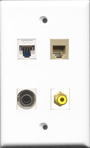 RiteAV 1 Port RCA Yellow and 1 Port Phone RJ11 RJ12 Beige and 1 Port 3.5mm and 1 Port Cat5e Ethernet White Wall Plate