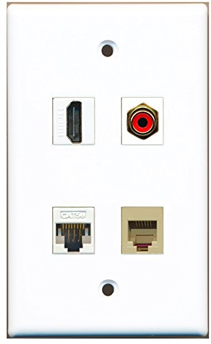 RiteAV - 1 Port HDMI 1 Port RCA Red 1 Port Phone RJ11 RJ12 Beige 1 Port Cat5e Ethernet White Wall Plate