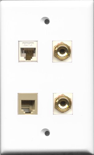 RiteAV 1 Port Phone RJ11 RJ12 Beige and 1 Port Cat6 Ethernet White 2 Port Banana Speaker Wall Plate