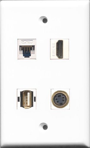 RiteAV 1 Port HDMI and 1 Port USB A-A and 1 Port S-Video and 1 Port Cat5e Ethernet White Wall Plate