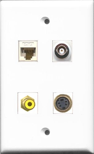 RiteAV 1 Port RCA Yellow and 1 Port S-Video and 1 Port BNC and 1 Port Cat6 Ethernet White Wall Plate