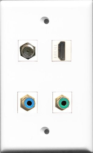 RiteAV 1 Port HDMI and 1 Port RCA Green and 1 Port RCA Blue and 1 Port Coax Cable TV- F-Type Wall Plate