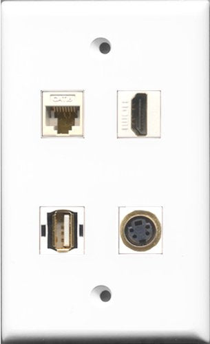 RiteAV 1 Port HDMI and 1 Port USB A-A and 1 Port S-Video and 1 Port Cat6 Ethernet White Wall Plate