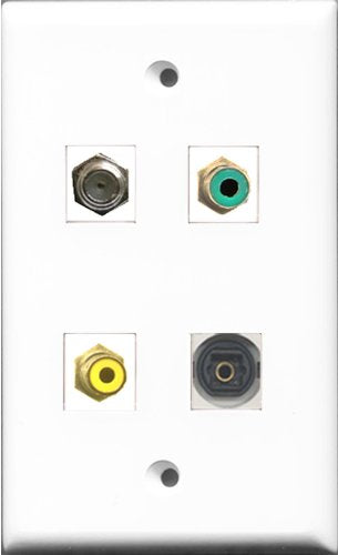 RiteAV 1 Port RCA Yellow and 1 Port RCA Green and 1 Port Coax Cable TV- F-Type and 1 Port Toslink Wall Plate