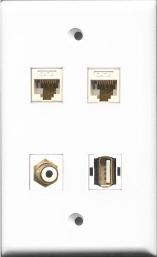 RiteAV 1 Port RCA White and 1 Port USB A-A 2 Port Cat6 Ethernet White Wall Plate