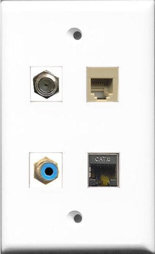 RiteAV 1 Port RCA Blue and 1 Port Coax Cable TV- F-Type and 1 Port Phone RJ11 RJ12 Beige and 1 Port Shielded Cat6 Ethernet Wall Plate