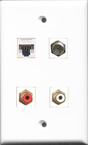 RiteAV - 1 Port RCA Red and 1 Port RCA White and 1 Port Coax Cable TV- F-Type and 1 Port Cat5e Ethernet White Wall Plate