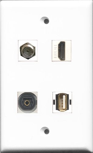 RiteAV 1 Port HDMI and 1 Port Coax Cable TV- F-Type and 1 Port USB A-A and 1 Port Toslink Wall Plate