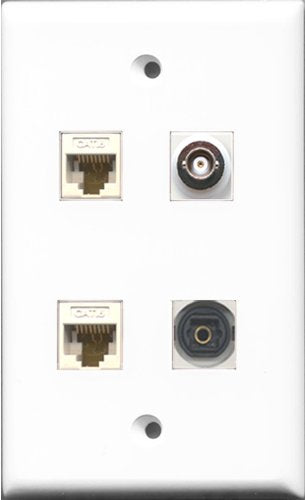 RiteAV 1 Port Toslink and 1 Port BNC 2 Port Cat6 Ethernet White Wall Plate