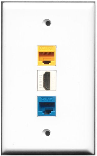 RiteAV - 1 Port HDMI 1 Cat5e Ethernet Blue 1 Cat5e Ethernet Yellow Wall Plate