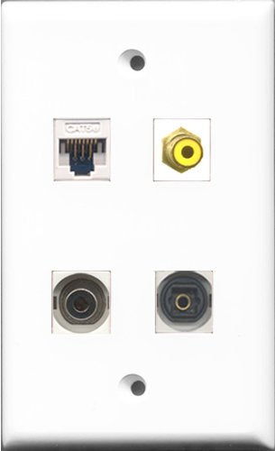 RiteAV 1 Port RCA Yellow and 1 Port Toslink and 1 Port 3.5mm and 1 Port Cat5e Ethernet White Wall Plate